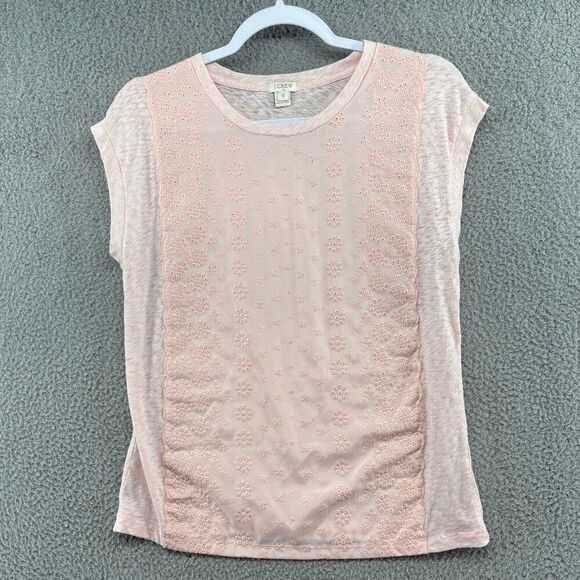J. Crew Womens Top Eyelet Lace Cotton Blend Cap Sleeve Soft Pink Womens Small - Picture 1 of 8